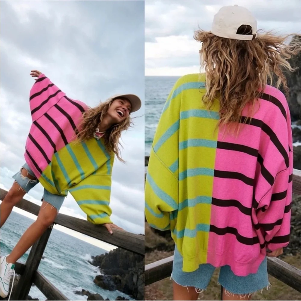 NWT Free People Uptown Stripped Pullover in Aura Lime Combo size S